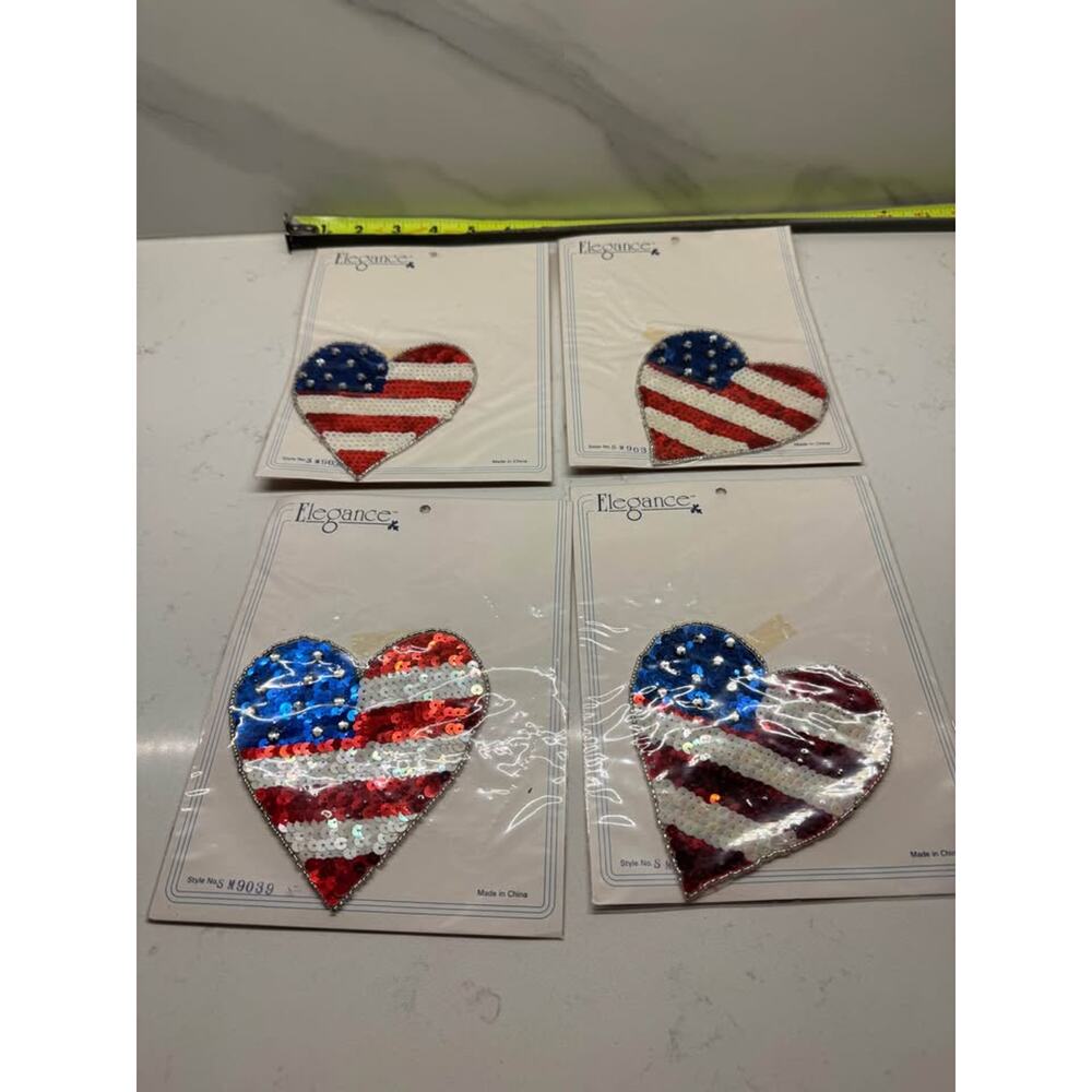Elegance Vintage New heart-shaped sequin American Flag Appliqué patches set of 4 - Picture 2 of 2